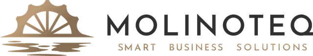 Ein eleganter Schriftzug - in Schwarz: Molinoteq, in Gold: Smart Business Solutions