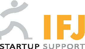 Das Logo von IFJ mit orangem Schriftzug und einem dynamischen Strichmann.