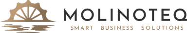 Ein eleganter Schriftzug - in Schwarz: Molinoteq, in Gold: Smart Business Solutions